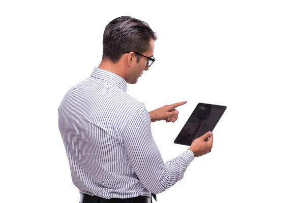 화이트에 고립 된 그의 태블릿 컴퓨터를 사용 하 여 하는 사업 — 스톡 사진