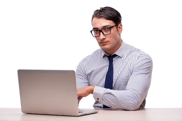 Hombre de negocios guapo trabajando con ordenador portátil aislado en wh — Foto de Stock