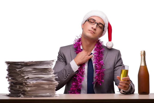 Joven hombre de negocios celebrando la Navidad en el cargo —  Fotos de Stock