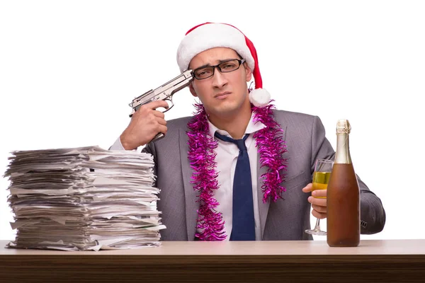 Joven hombre de negocios celebrando la Navidad en el cargo —  Fotos de Stock