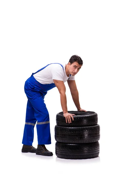 흰색에 분리되어 있는 다루기 힘든 타이어 수리공 — 스톡 사진