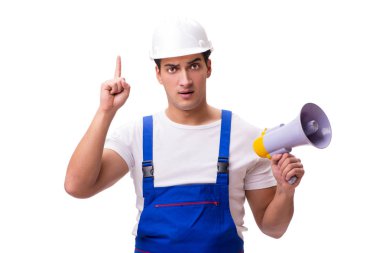 adam beyaz izole megafon ile