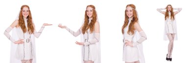 Beyaz tenli, açık renkli, büyüleyici elbiseli güzel bayan.