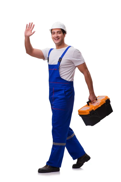 Reparateur met toolbox geïsoleerd op wit — Stockfoto