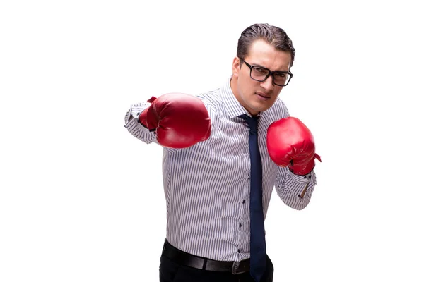 Hombre de negocios agresivo con guantes de boxeo aislados en blanco —  Fotos de Stock