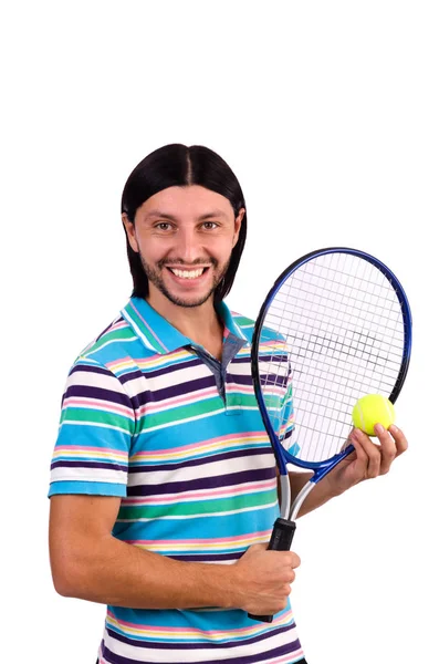 Hombre jugando tenis aislado en blanco — Foto de Stock