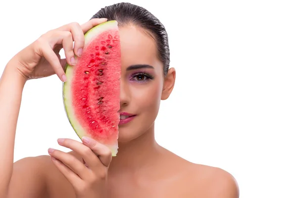 Woman with watermelon slice isolated on white — Stock Photo, Image