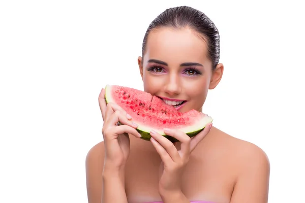 Mujer con rebanada de sandía aislada en blanco — Foto de Stock