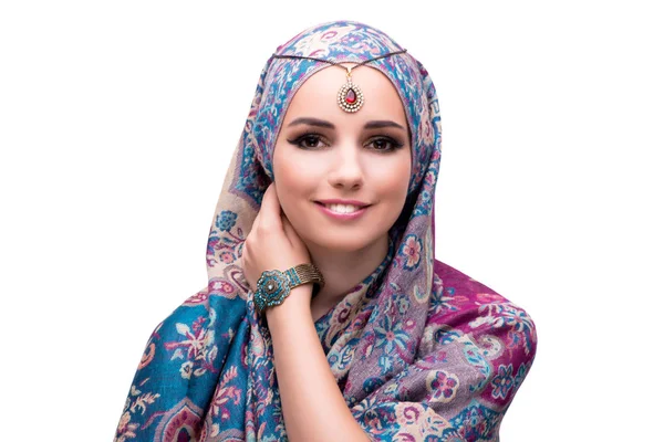 Μουσουλμανική γυναίκα στην έννοια της μόδας που απομονώνονται σε λευκό — Φωτογραφία Αρχείου