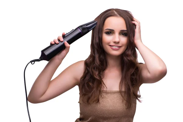 Young beautiful woman with hair dryer isolated on white — Stock Photo, Image