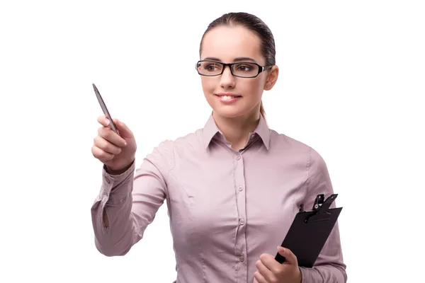 Geschäftsfrau drückt virtuellen Knopf auf Weiß — Stockfoto