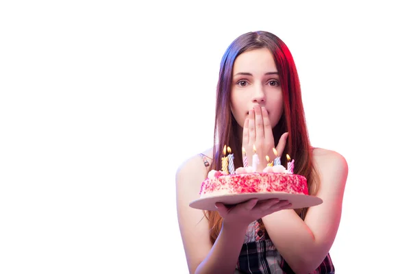 Genç kadın kız beyaz izole kek ile — Stok fotoğraf