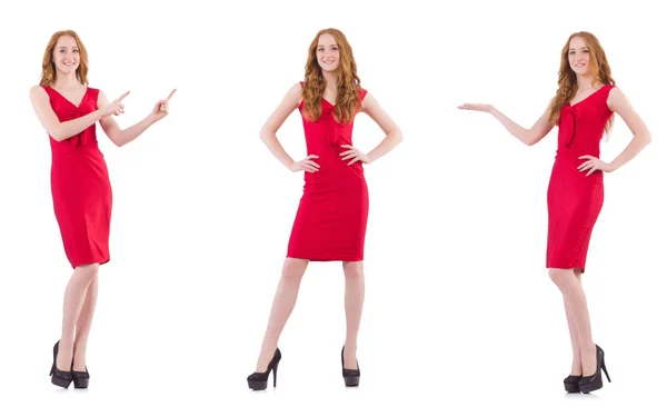 Menina bonita em vestido vermelho isolado no branco — Fotografia de Stock