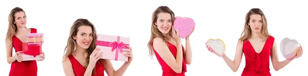 Söt flicka håller presentförpackning isolerad på vit — Stockfoto