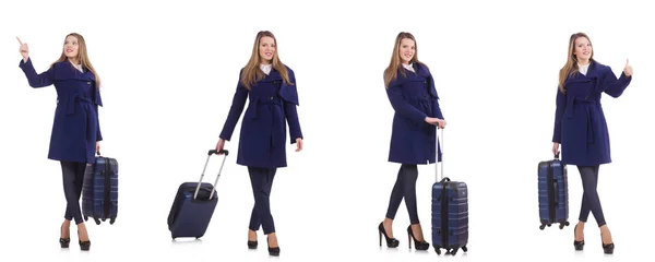 Молодая деловая женщина с чемоданом изолированы на белом — стоковое фото