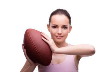 Amerikan futbolu üzerine beyaz izole kadın