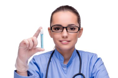 Tüp üzerinde beyaz izole tutan doktor