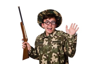 Komik avcı beyaz izole