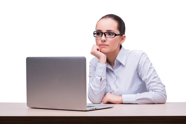 Young businesswoman with laptop isolated on white
