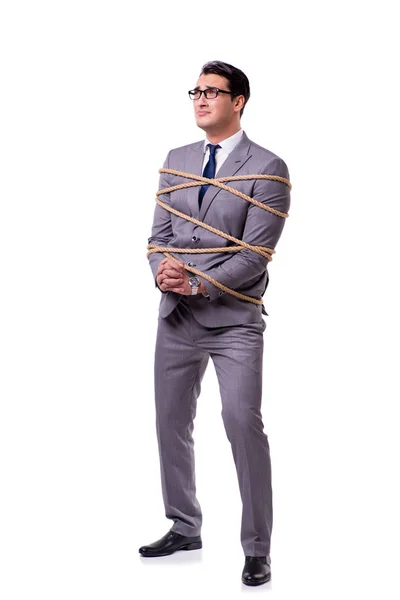 Empresário amarrado com corda isolada em branco — Fotografia de Stock