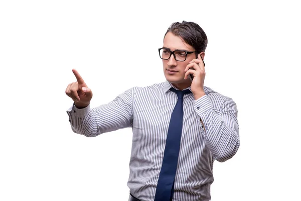 Knappe zakenman werken met mobiele telefoon geïsoleerd op wit — Stockfoto