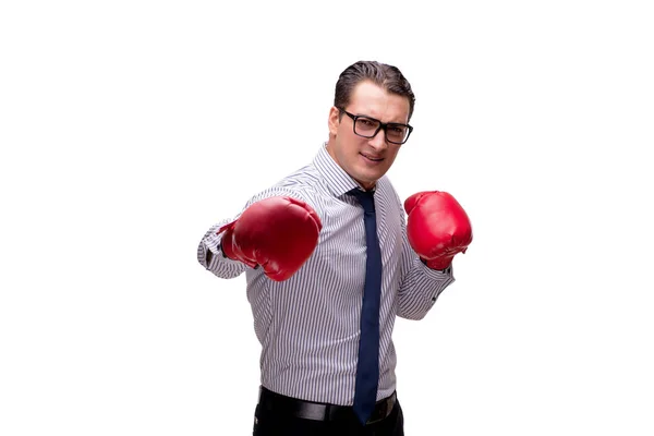 Hombre de negocios agresivo con guantes de boxeo aislados en blanco —  Fotos de Stock
