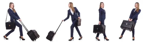 Jeune femme d'affaires avec valise isolée sur blanc — Photo