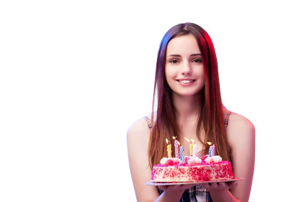 Giovane donna ragazza con torta isolata su bianco — Foto Stock