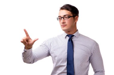 Genç yakışıklı işadamı beyaz izole düğmelere basarak