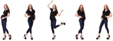 Karmaşık görüntülü hamile kadın beyazda izole edilmiş.