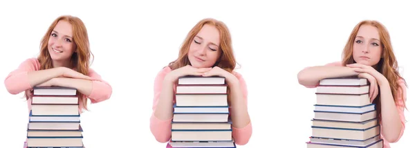 Mulher estudante com pilhas de livros — Fotografia de Stock