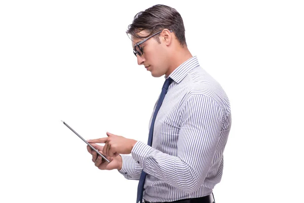 Bel homme d'affaires travaillant avec tablette isolée sur wh — Photo