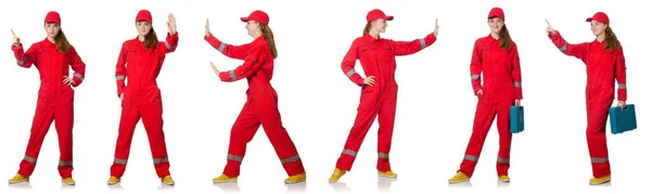 Mujer en mono rojo aislado en blanco — Foto de Stock