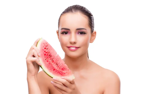 Beautiful woman with watermelon isolated on white — Stock Photo, Image