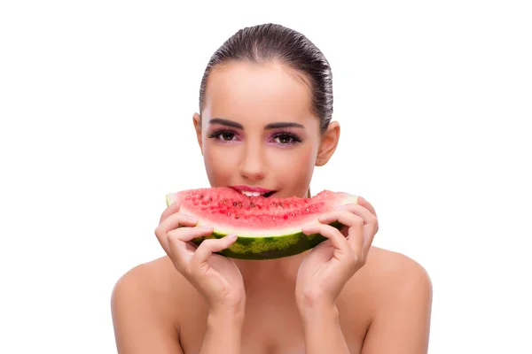 Beautiful woman with watermelon isolated on white — Stock Photo, Image