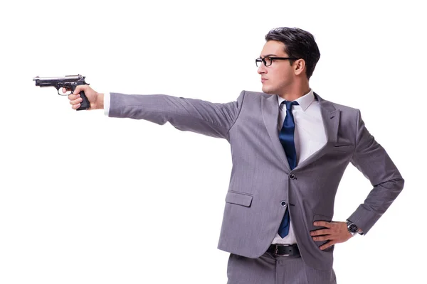 Aggressivo business manager con pistola isolata su bianco — Foto Stock