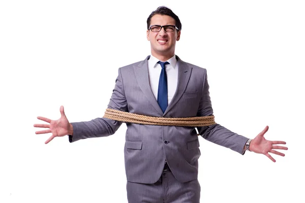 Businessman tied up with rope isolated on white — Stock Photo, Image