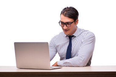 Dizüstü bilgisayarı olan adam beyazda izole edildi