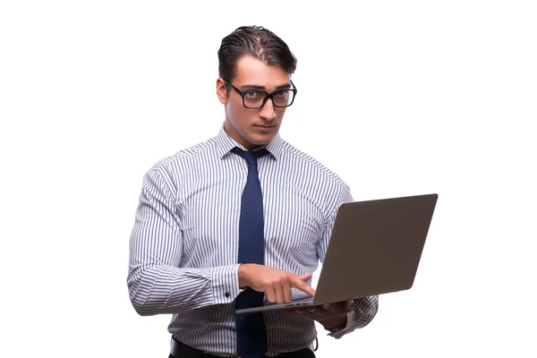 Uomo con laptop isolato su bianco — Foto Stock