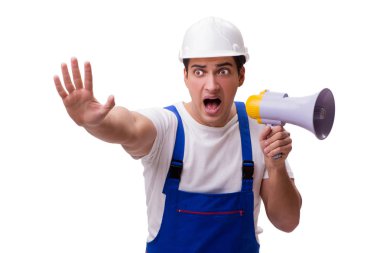 adam beyaz izole megafon ile