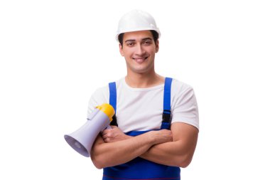 adam beyaz izole megafon ile