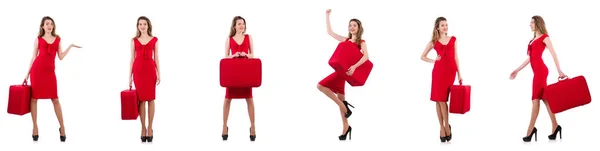 Молода жінка в червоній сукні з валізою ізольована на білому — стокове фото