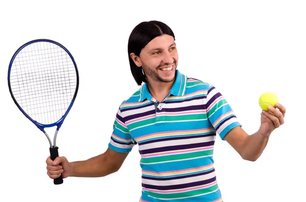 Man met tennis geïsoleerd op wit — Stockfoto