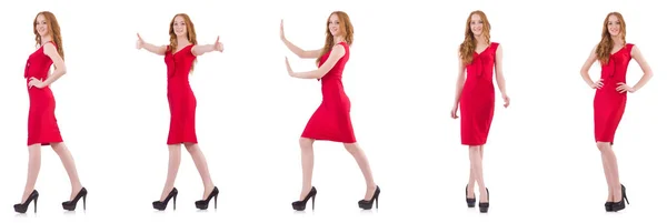 Menina bonita em vestido vermelho isolado no branco — Fotografia de Stock