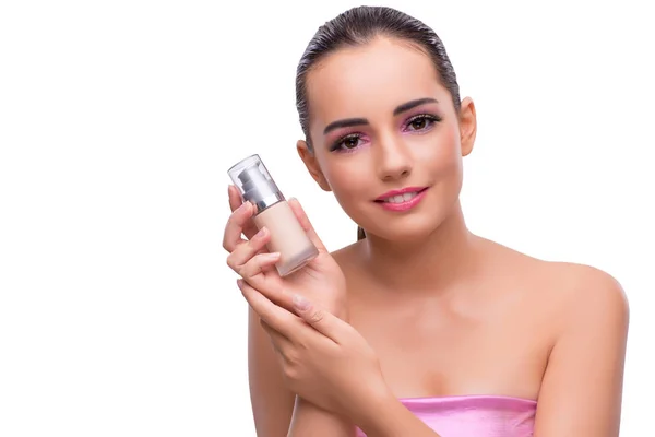 Mujer con crema aislada sobre fondo blanco — Foto de Stock