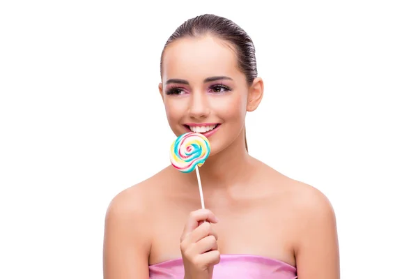 Beautiful woman with lollipop isolated on white — Stock Photo, Image