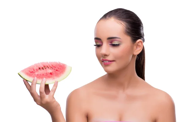 Woman with watermelon slice isolated on white — Stock Photo, Image