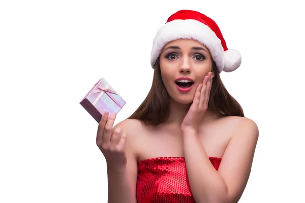 Santa meisje met geschenkdoos geïsoleerd op wit — Stockfoto