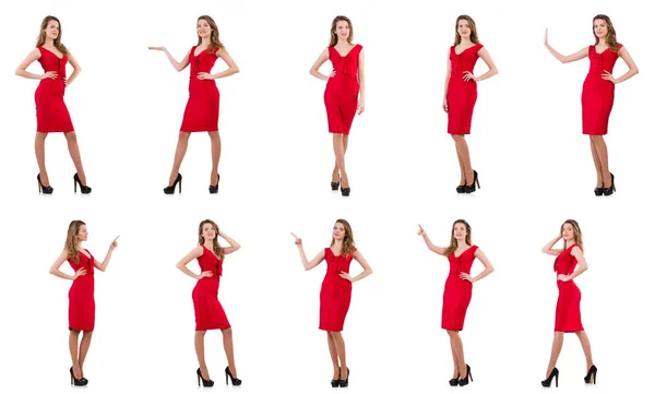 Young woman in red dress isolated on white — Stock Photo, Image