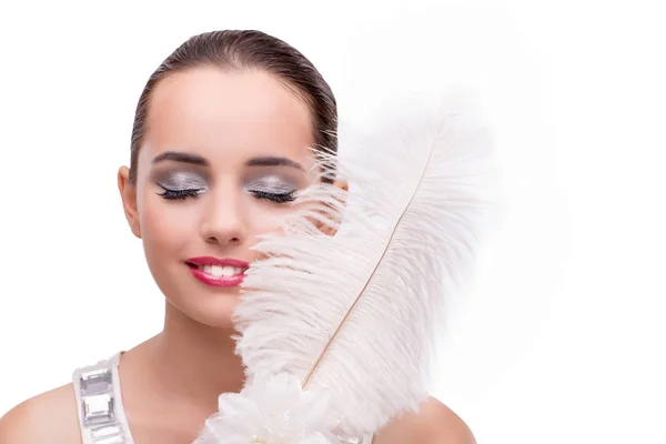 Jeune femme avec masque de carnaval isolé sur blanc — Photo